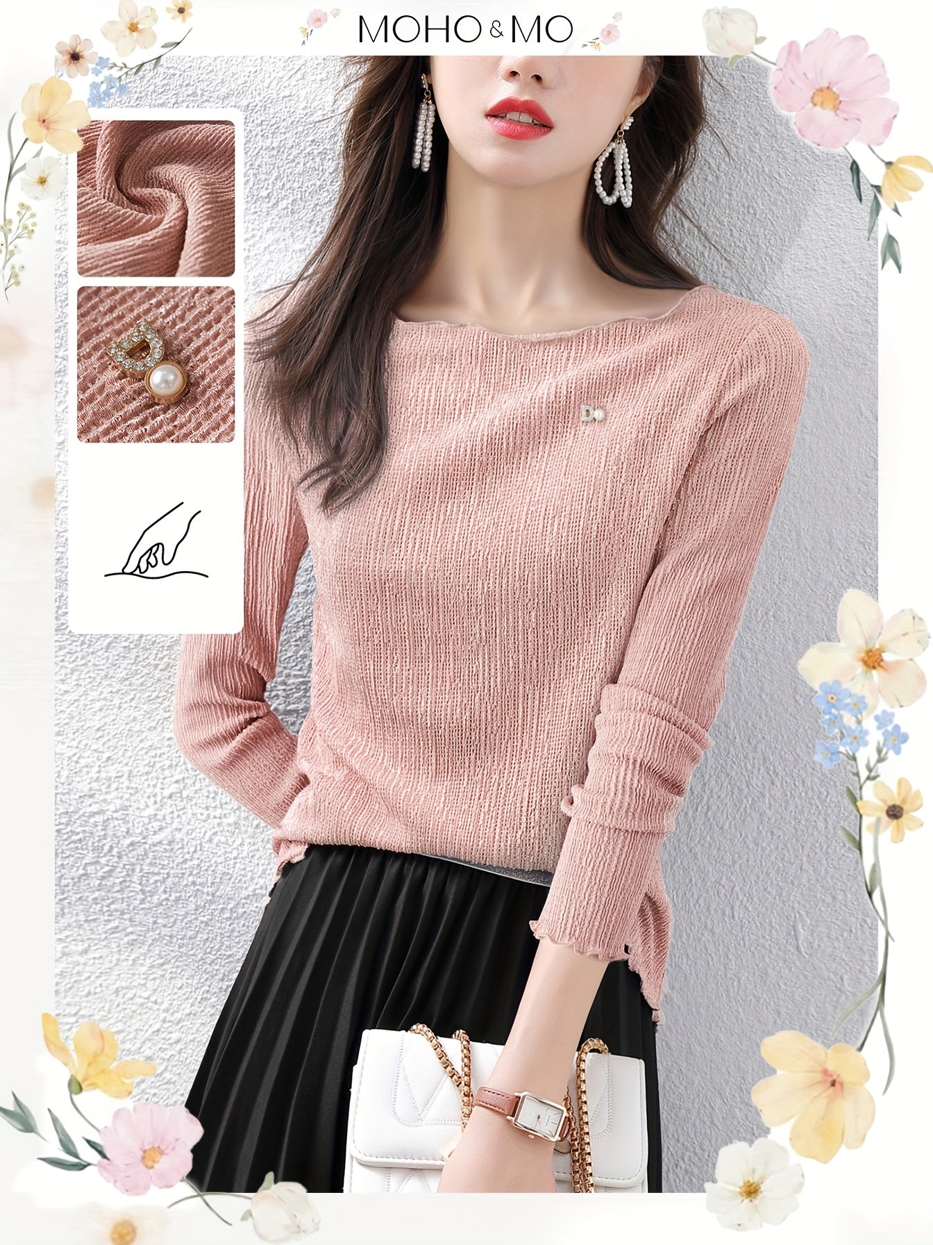 MOHOMO Women'S Long Sleeve T-Shirt - Pink Ribbed with Lace Trim & Bow Detail, Casual Round Neck Top for Spring\u002FSummer, Holiday, Daily Commute, Spring Summer Apparel | Lace Trim Detail | Glossy Texture, Ladies T Shirts