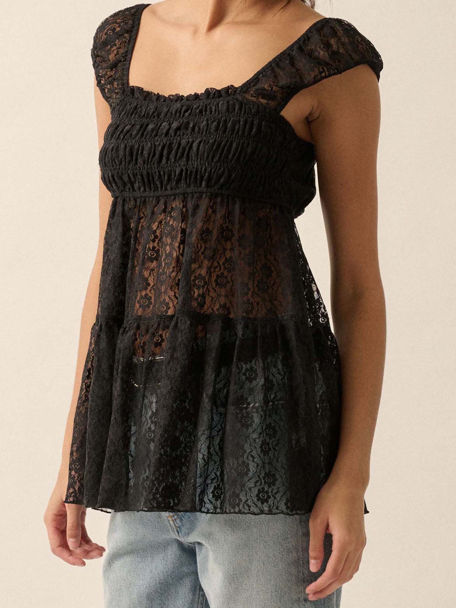 Women's Black Floral Lace Square Neck Blouse - Smocked Cap Sleeve, Semi-Sheer Summer Top, Casual Streetwear for Spring\u002FSummer, Ladies Blouses