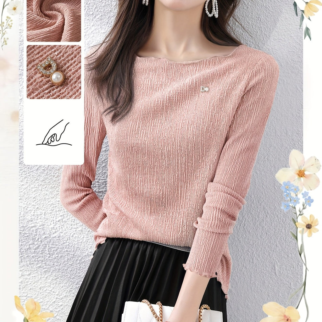MOHOMO Women'S Long Sleeve T-Shirt - Pink Ribbed with Lace Trim & Bow Detail, Casual Round Neck Top for Spring\u002FSummer, Holiday, Daily Commute, Spring Summer Apparel | Lace Trim Detail | Glossy Texture, Ladies T Shirts
