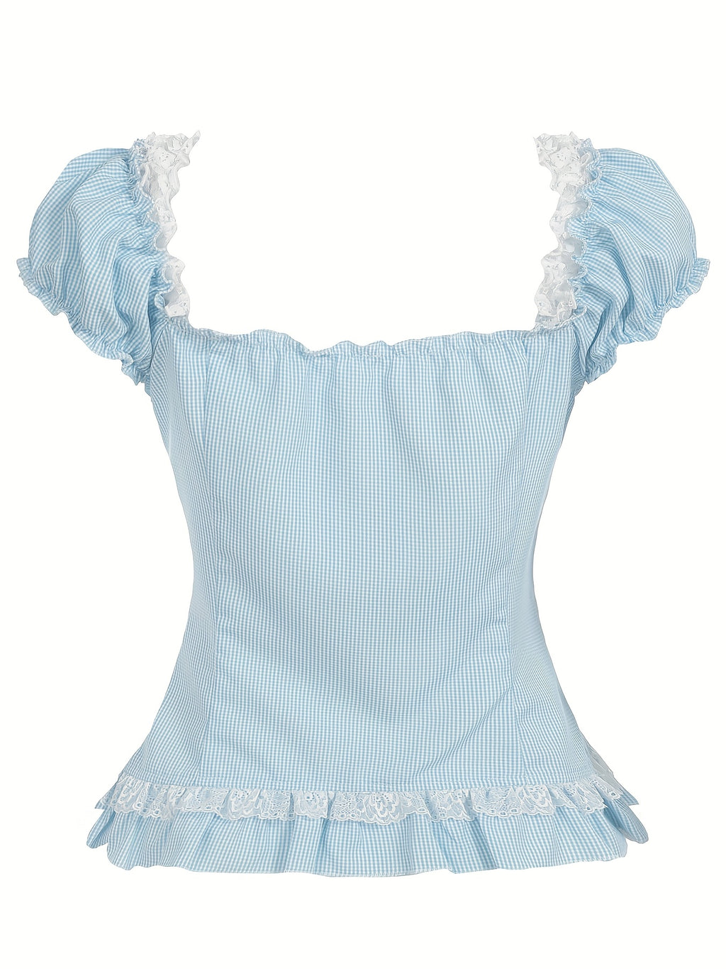 SassyGals Women's French-Inspired Elegant Ruffled Sleeve & Faux Peplum Hem T-Shirt - Light Blue Grid Pattern, Stretchy Polyester\u002FElastane Blend, Waist-Cinching Top for Summer Casual & Semi-Formal Outfits