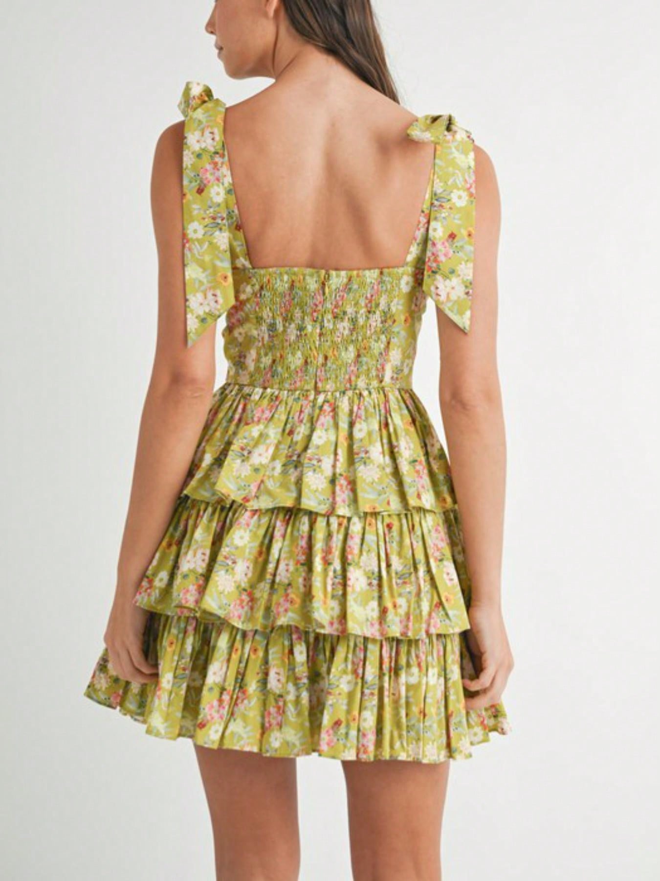Womens Casual Floral Print Romantic Chic Bow Shoulder Tiered Ruffle Mini Dress Sweetheart Neckline Sleeveless Yellow Green Spring Summer Garden Party Sundress
