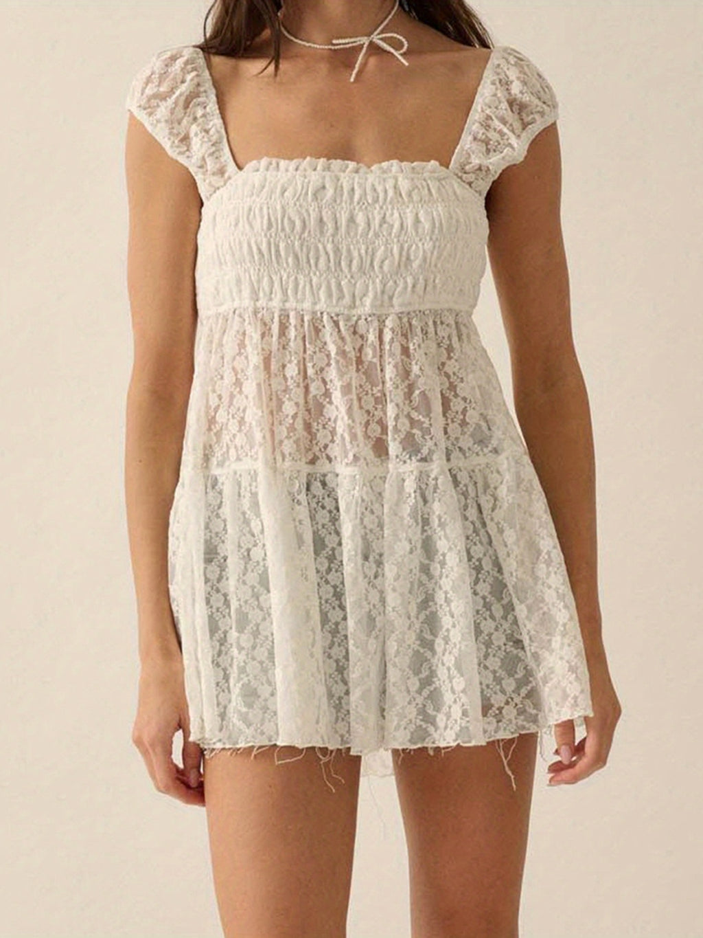 Women's Black Floral Lace Square Neck Blouse - Smocked Cap Sleeve, Semi-Sheer Summer Top, Casual Streetwear for Spring\u002FSummer, Ladies Blouses