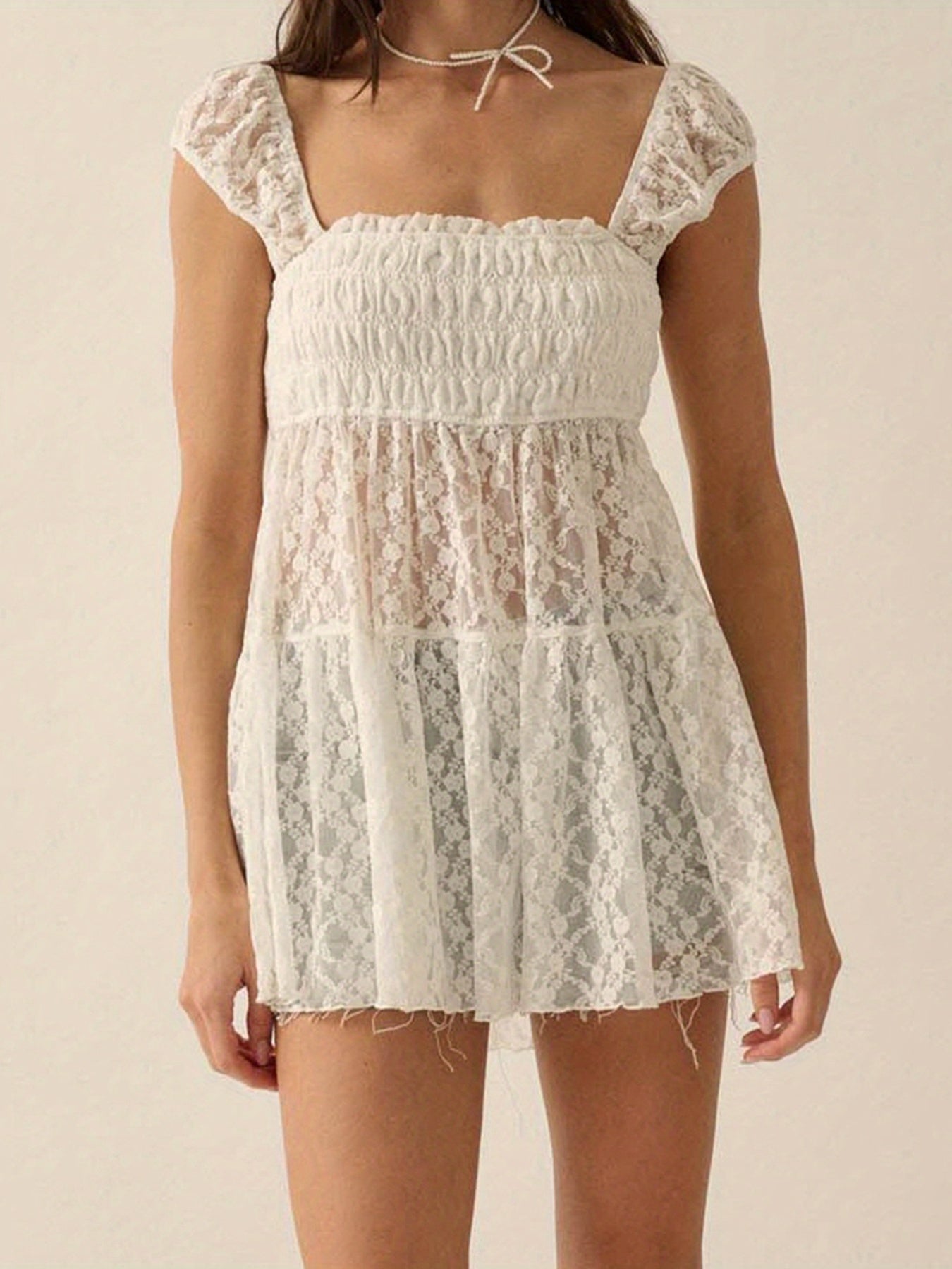 Women's Black Floral Lace Square Neck Blouse - Smocked Cap Sleeve, Semi-Sheer Summer Top, Casual Streetwear for Spring\u002FSummer, Ladies Blouses