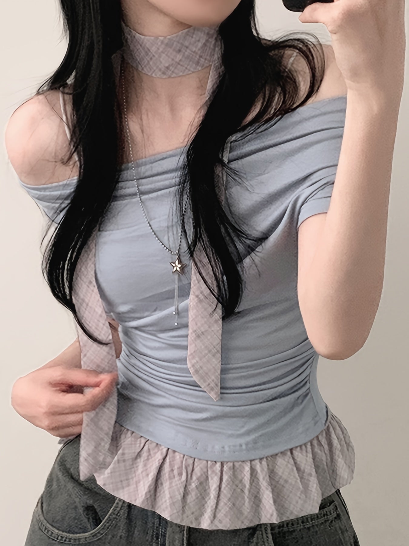 Chic Off-Shoulder Ruffle Trim T-Shirt for Women - Light Blue Gingham Check with White Stripes, Short Sleeve, Ruffle Detail, Perfect for Spring\u002FSummer, Casual Wear Tee|Ruffle Detail Shirt|Glossy Texture