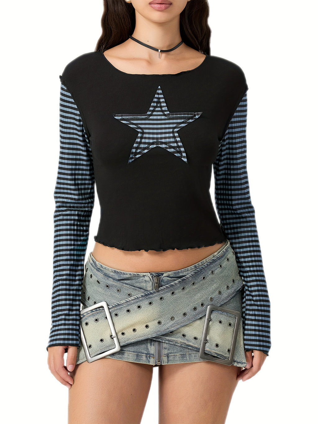 Women's Slim Fit Long Sleeve Crew Neck T-Shirt with Star & Stripes Design - Black & White Casual Top for Casual Attire, Polyester Blend, Machine Washable, Spring Summer Top | Star Stripe Design | Knit Fabric Tee
