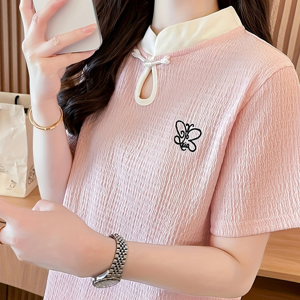 Women'S Summer Chinese Cheongsam Collar Button- Cutout Butterfly Embroidery Short Sleeve T-Shirt - Light Pink Casual Round Neck Top for Casual Attire, Butterfly Print Shirt, Elegant Embroidery