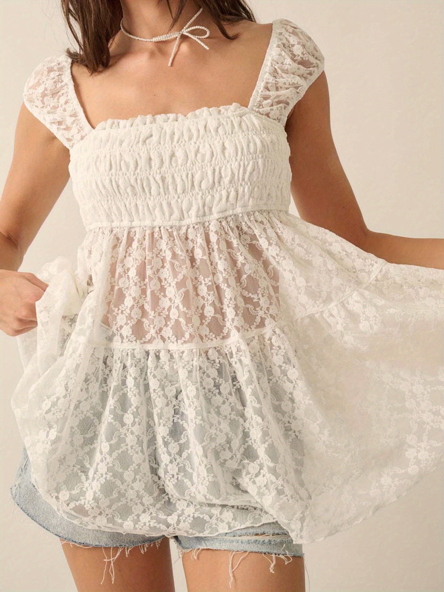 Women's Black Floral Lace Square Neck Blouse - Smocked Cap Sleeve, Semi-Sheer Summer Top, Casual Streetwear for Spring\u002FSummer, Ladies Blouses