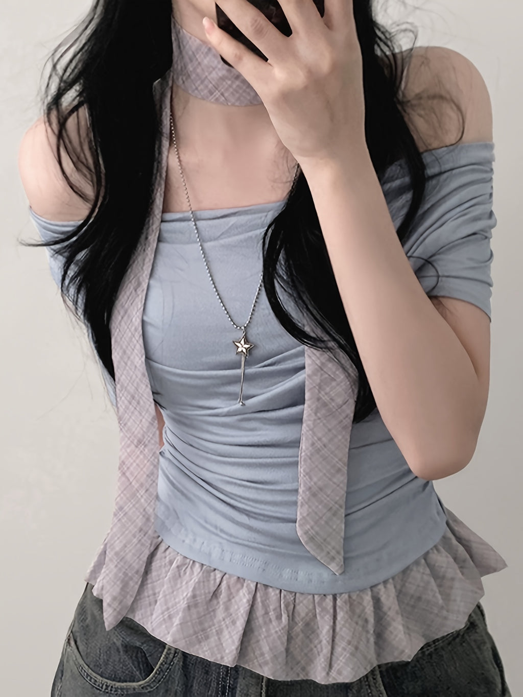 Chic Off-Shoulder Ruffle Trim T-Shirt for Women - Light Blue Gingham Check with White Stripes, Short Sleeve, Ruffle Detail, Perfect for Spring\u002FSummer, Casual Wear Tee|Ruffle Detail Shirt|Glossy Texture