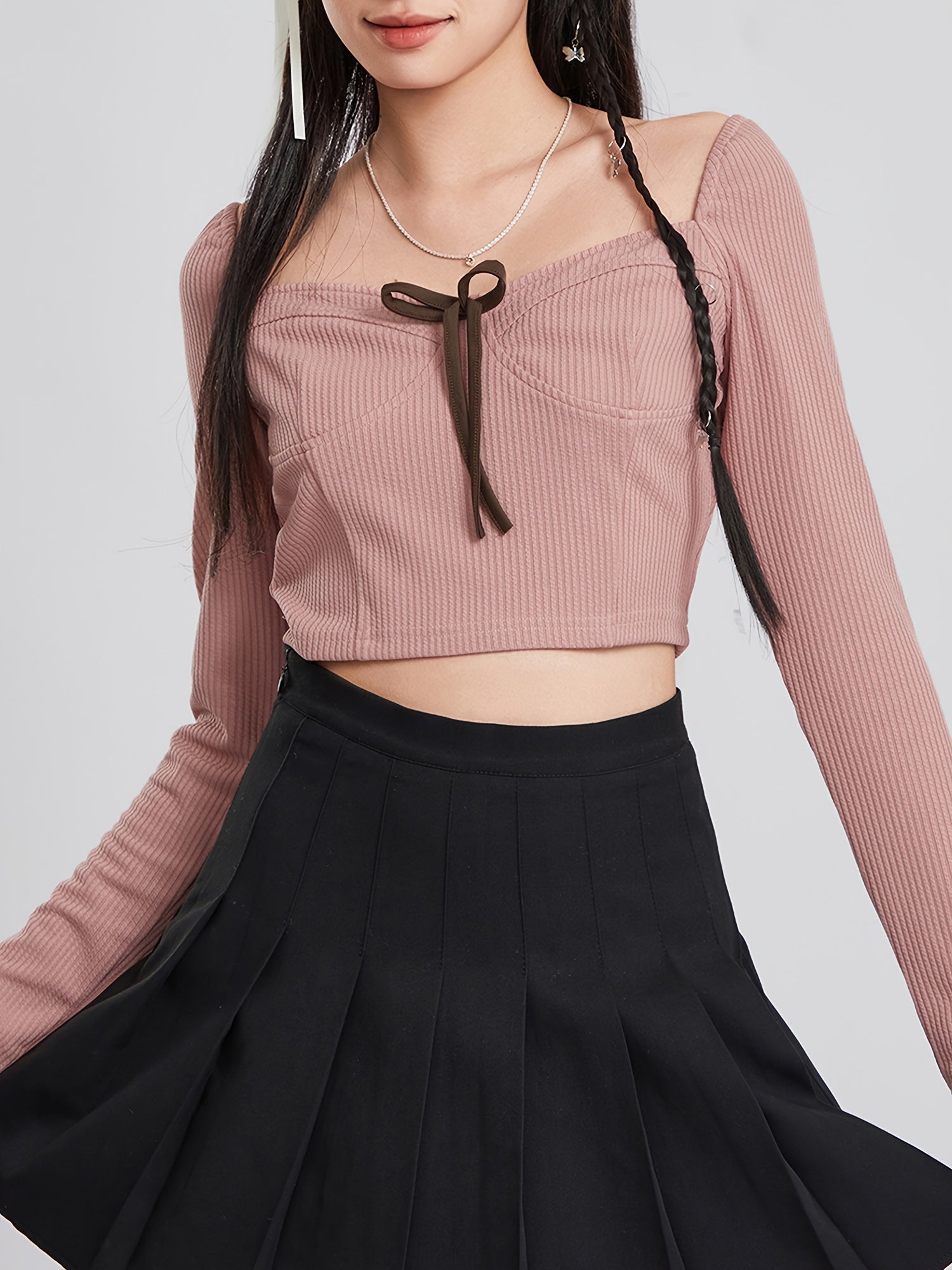 1pc Women'S Cotton Ribbed Long Sleeve Crop Top with Sweetheart Neckline and Bow Tie Detail - Casual Square Neck Knit Fabric Solid Color Tops for All Seasons