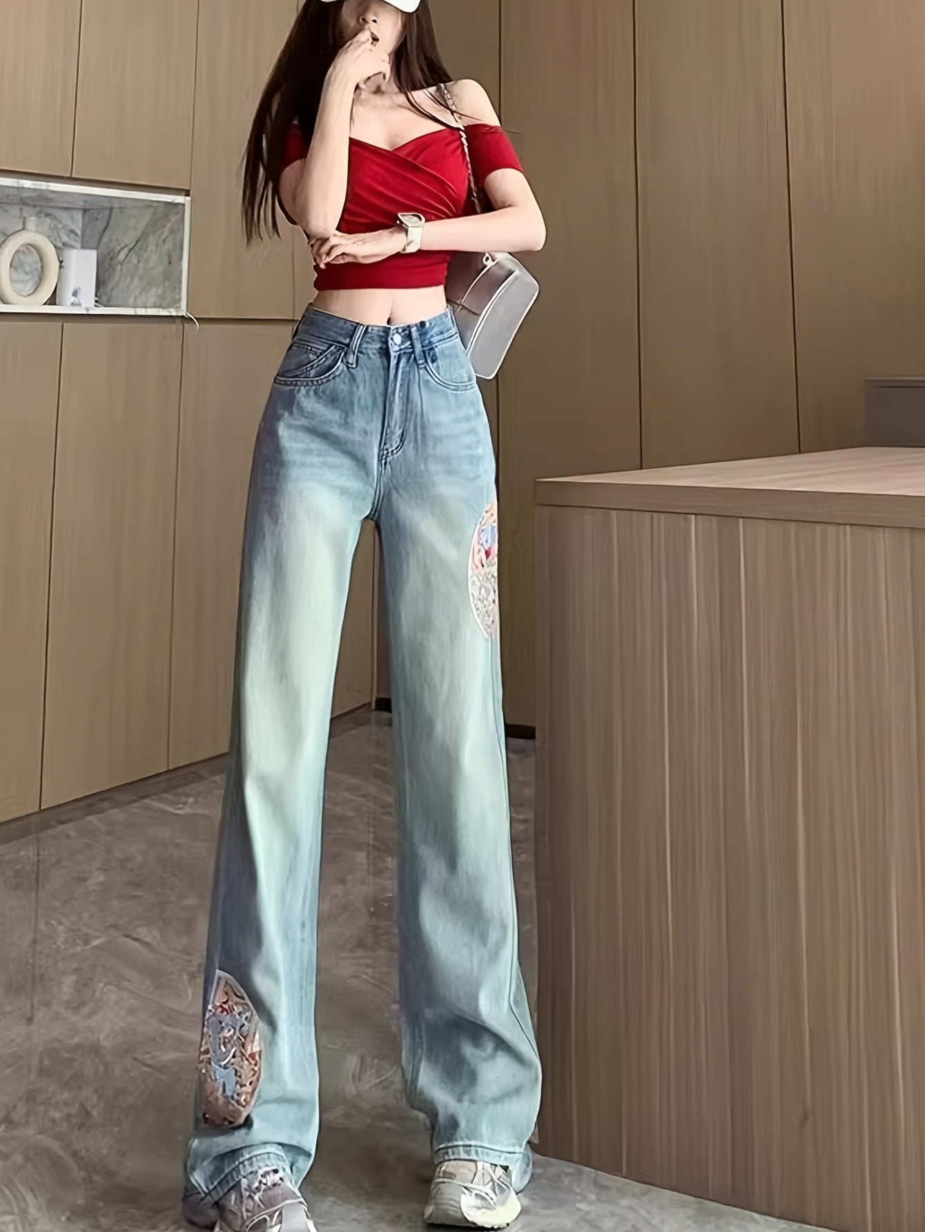 Y2K Aesthetic 2025 Summer & Autumn Women'S High Waist Vintage Wide Leg Jeans - 90s Retro Stretch Denim Pants with Artistic Embroidery, Destroyed Hem & Distressed Wash for Trendy Street Style Outfits