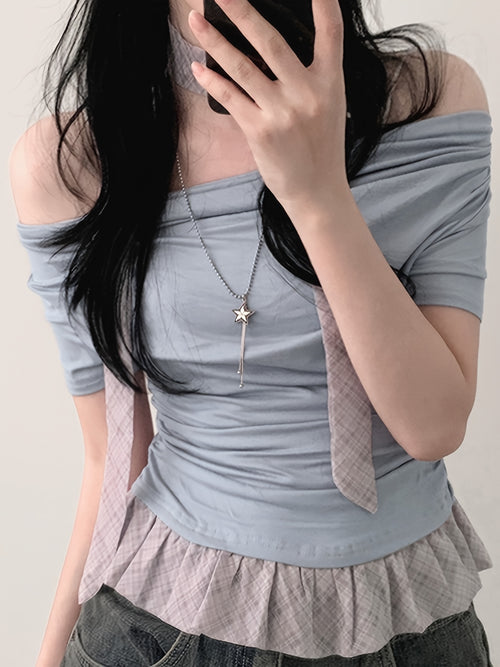 Chic Off-Shoulder Ruffle Trim T-Shirt for Women - Light Blue Gingham Check with White Stripes, Short Sleeve, Ruffle Detail, Perfect for Spring\u002FSummer, Casual Wear Tee|Ruffle Detail Shirt|Glossy Texture