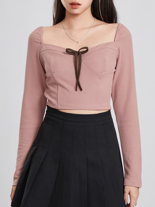 1pc Women'S Cotton Ribbed Long Sleeve Crop Top with Sweetheart Neckline and Bow Tie Detail - Casual Square Neck Knit Fabric Solid Color Tops for All Seasons