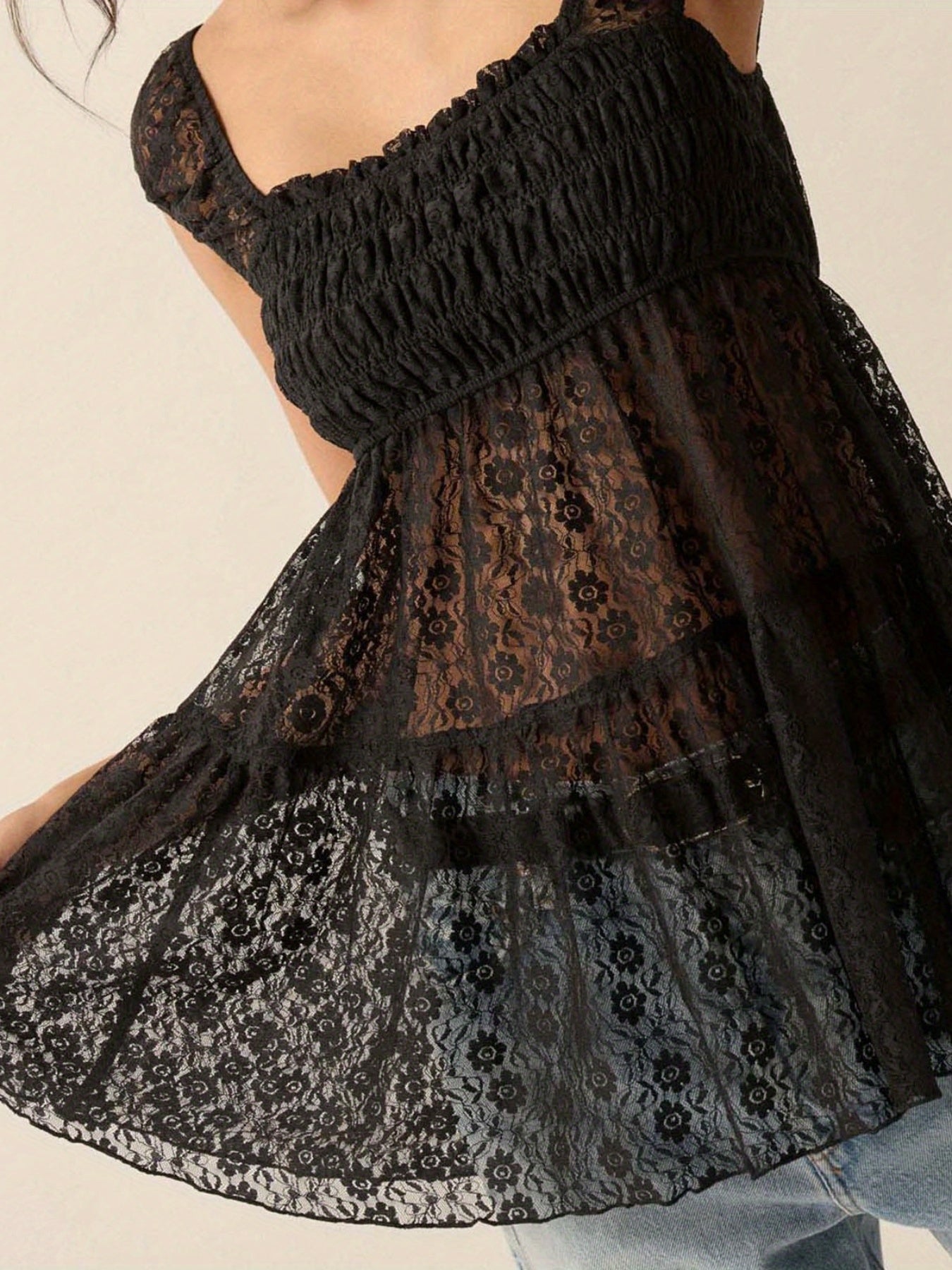 Women's Black Floral Lace Square Neck Blouse - Smocked Cap Sleeve, Semi-Sheer Summer Top, Casual Streetwear for Spring\u002FSummer, Ladies Blouses