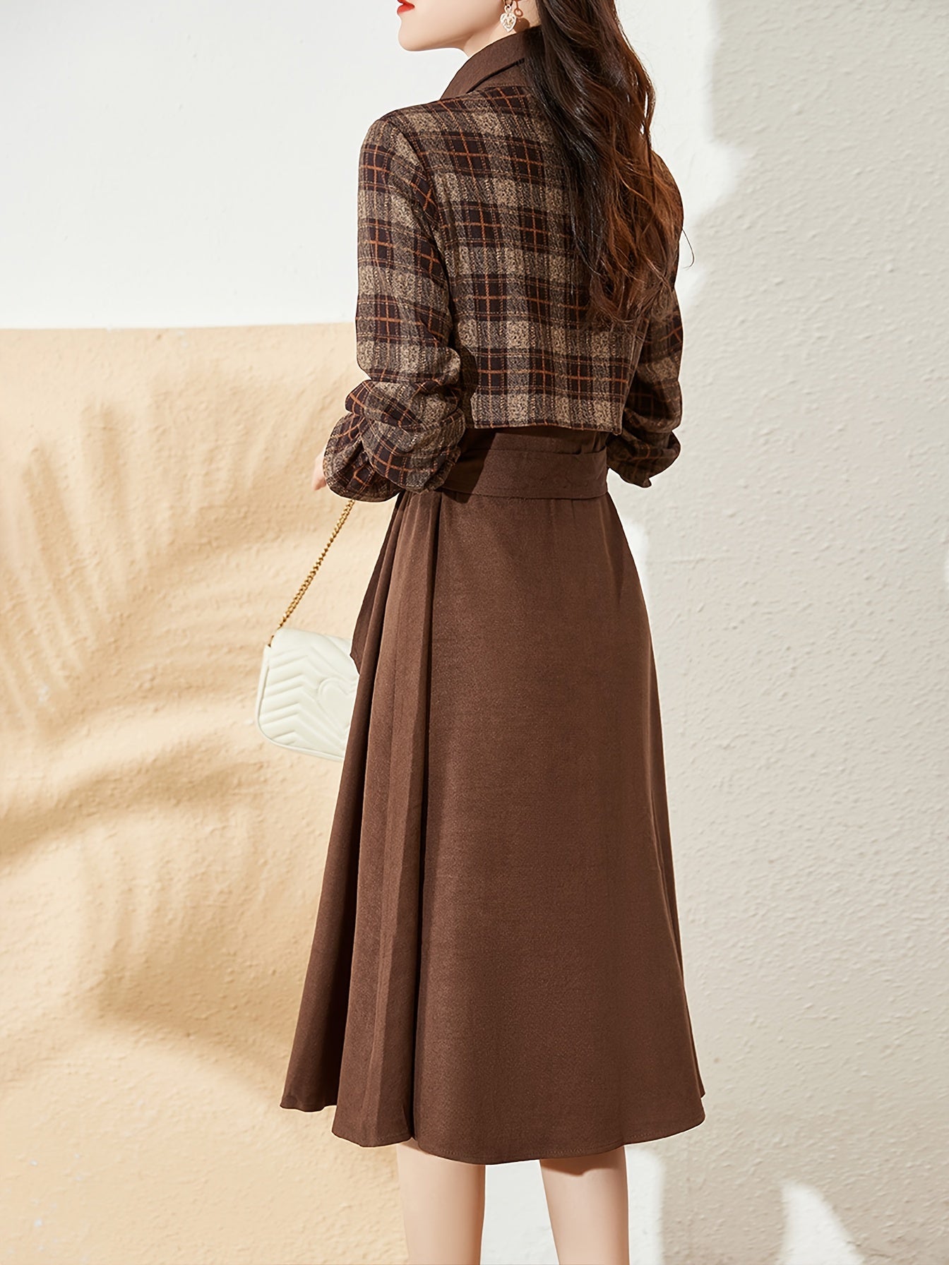 Elegant Skater Dress MOHO&MO Elegant Plaid Lapel Collar Long Sleeve Skater Dress | Polyester Blend Knee-High Sheath Silhouette, Fall\u002FWinter Collection - Middle East Exclusive