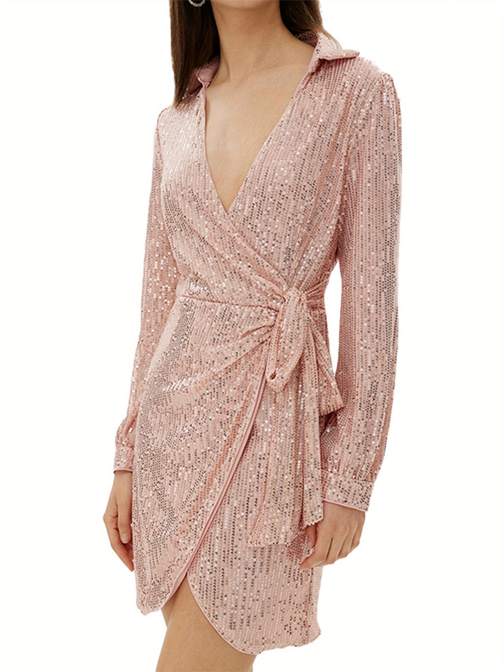 Y2K Women's Short Sequin Dress - Long Sleeve Lapel Deep V-Neck Cross Front Knot Detail Evening Dress, Machine Washable Spring Summer Fall Party Clubwear, Versatile Dress | Lapel Collar | Sequin Fabric, Sequin Formal Dress