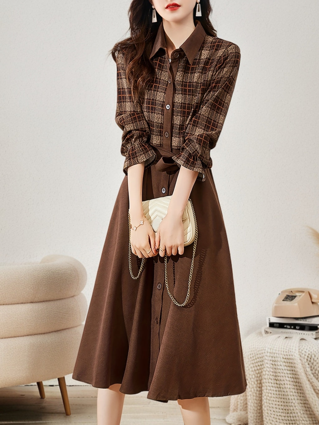 Elegant Skater Dress MOHO&MO Elegant Plaid Lapel Collar Long Sleeve Skater Dress | Polyester Blend Knee-High Sheath Silhouette, Fall\u002FWinter Collection - Middle East Exclusive