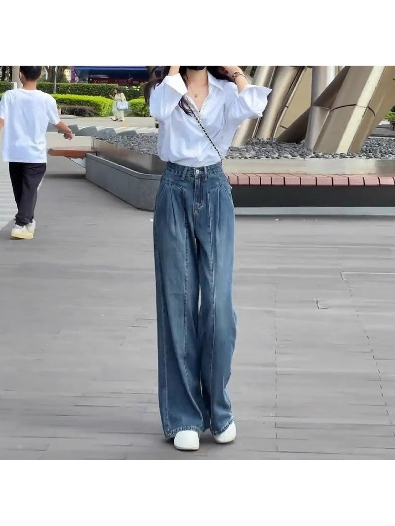 Women's Retro High-Waisted Wide-Leg Jeans - Tummy Control, Drop Crotch, Loose Fit for Pear-Shaped Silhouette, Solid Color Autumn Casual Pants