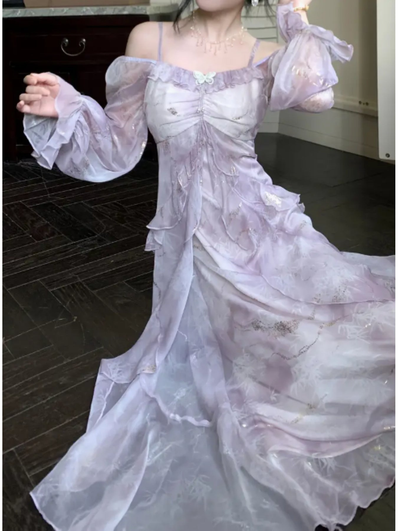 Elegant Gray-Blue Ombre Ruffled Long Sleeve Dress with Princess Sleeves & Square Neckline - Bodycon Floor-Length Summer Dress for Women, Machine Washable