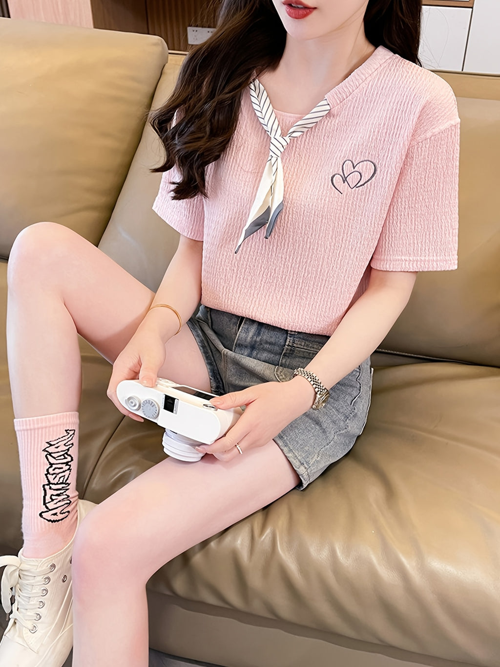 Women's Summer Casual Short Sleeve T-Shirt - Embroidered Heart Design, Relaxed Fit, Breathable Fabric, Machine Washable, Friendly, Japanese Korean Fashion Style, Cute Short Sleeve Tops, Twisted Neck Design, Durable Casual Attire, Textured Fabric Tee