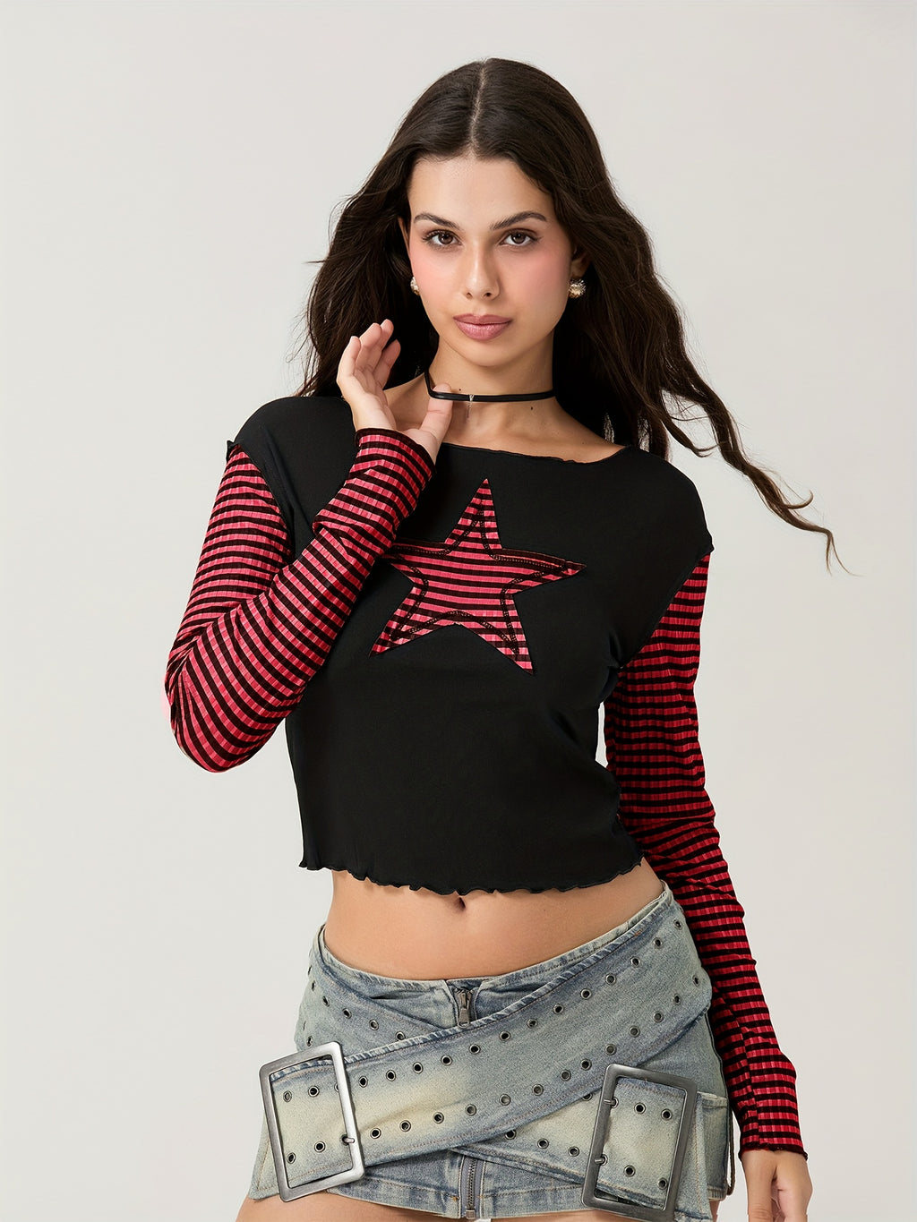 Women's Slim Fit Long Sleeve Crew Neck T-Shirt with Star & Stripes Design - Black & White Casual Top for Casual Attire, Polyester Blend, Machine Washable, Spring Summer Top | Star Stripe Design | Knit Fabric Tee