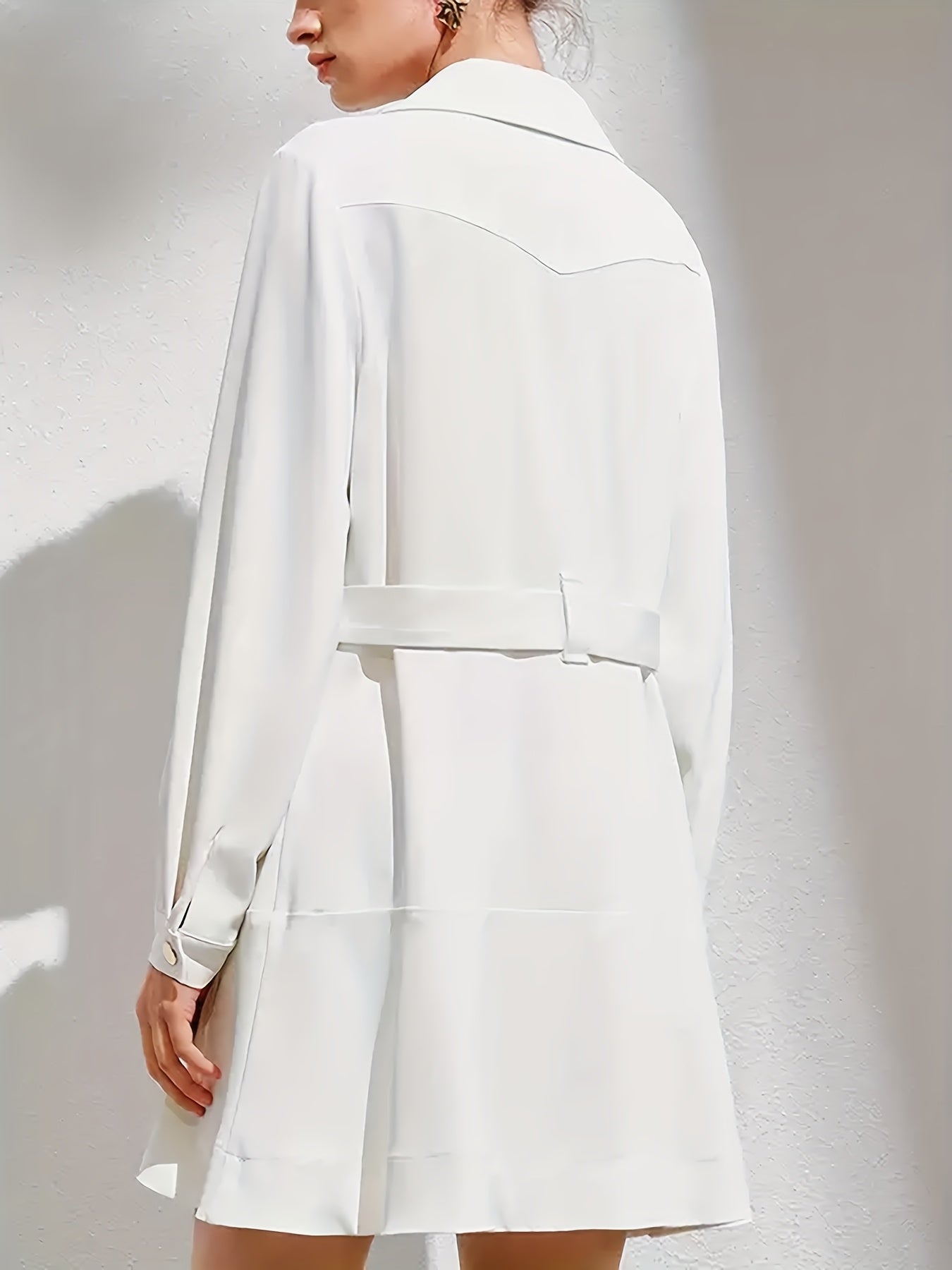 Long-Sleeve White Shirt Dress Elegant Elegant Long-Sleeve White Shirt Dress, Collar, Polyester and Elastane Blend, Machine Washable - Perfect for Spring\u002FAutumn