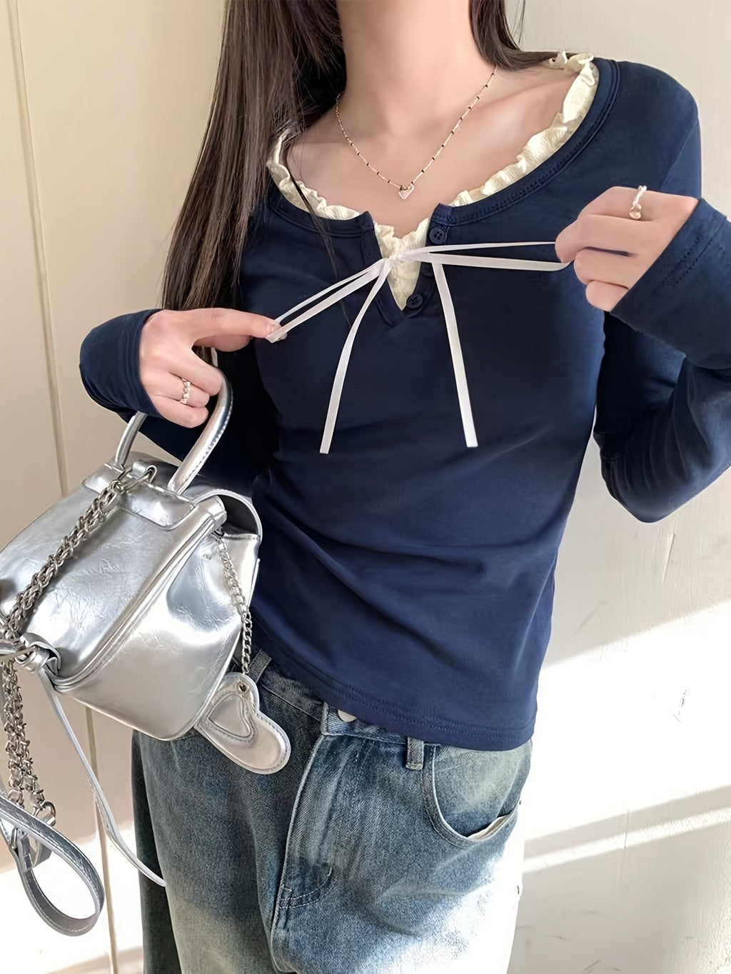 Women'S Slim-Fit Long Sleeve V-Neck Top with Ruffled Trim & Tie Detail - Stretchy Casual Chic Blouse for Spring\u002FFall, Versatile Layering Piece, Spring Fashion Top | Ruffled Trim Top | Stretchy Fabric