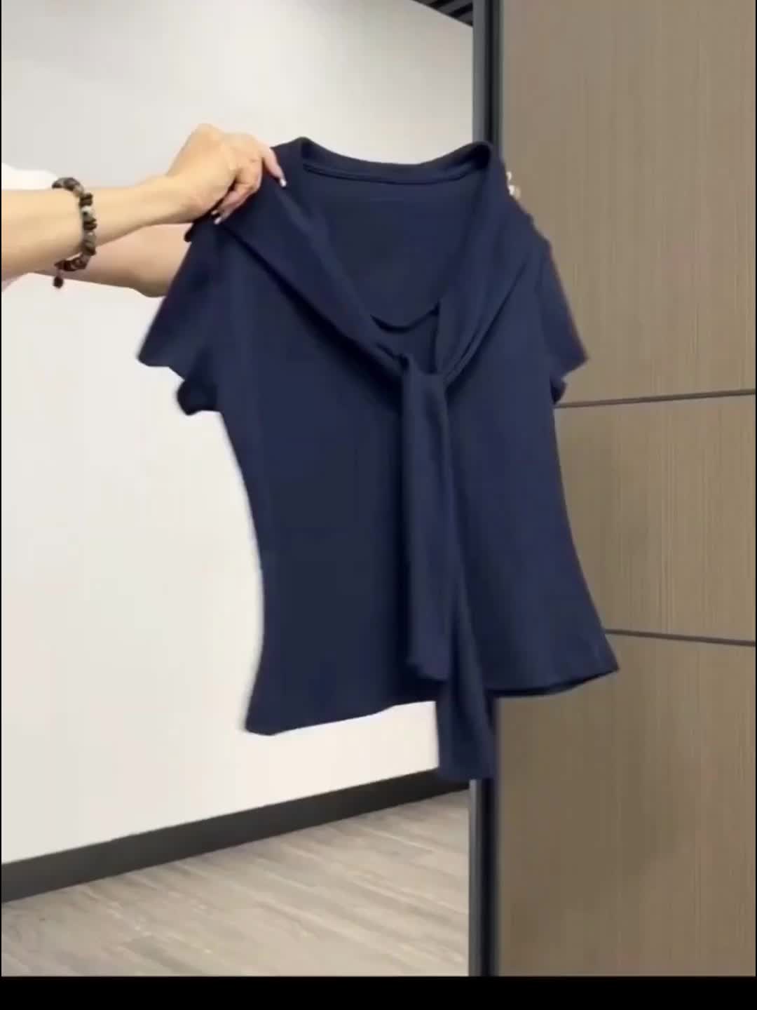 Women'S Elegant Navy Blue V-Neck T-Shirt - Slim Fit Blouse with Tie-like Front, Lightweight Everyday & Formal Tops for Office, Dates, Parties - Machine Washable Women'S Clothing, Date Night Top, Sophisticated Casual Wear, Skinfriendly Fabric