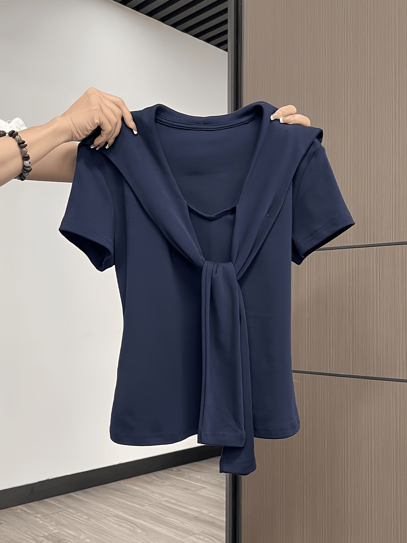 Women'S Elegant Navy Blue V-Neck T-Shirt - Slim Fit Blouse with Tie-like Front, Lightweight Everyday & Formal Tops for Office, Dates, Parties - Machine Washable Women'S Clothing, Date Night Top, Sophisticated Casual Wear, Skinfriendly Fabric