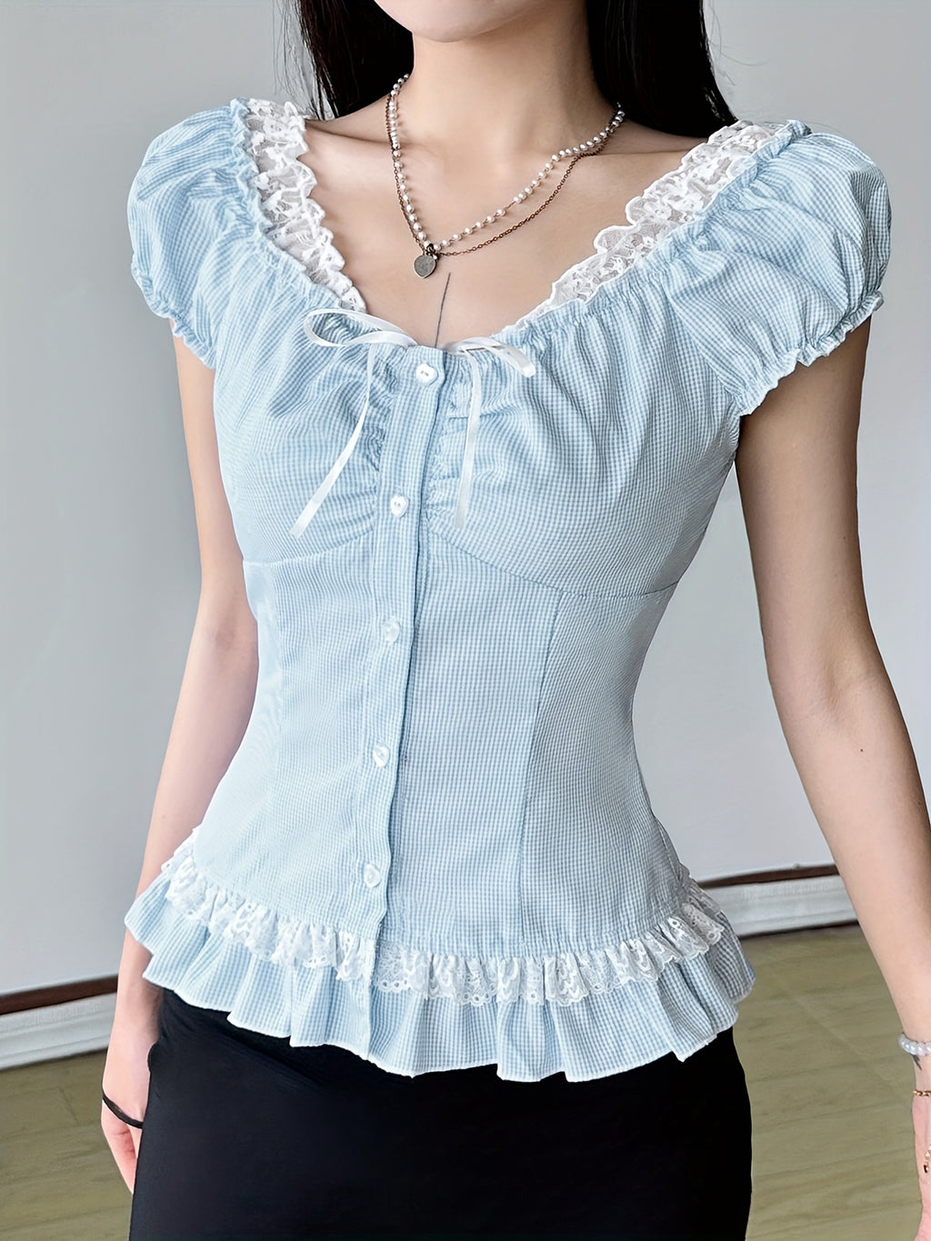 SassyGals Women's French-Inspired Elegant Ruffled Sleeve & Faux Peplum Hem T-Shirt - Light Blue Grid Pattern, Stretchy Polyester\u002FElastane Blend, Waist-Cinching Top for Summer Casual & Semi-Formal Outfits