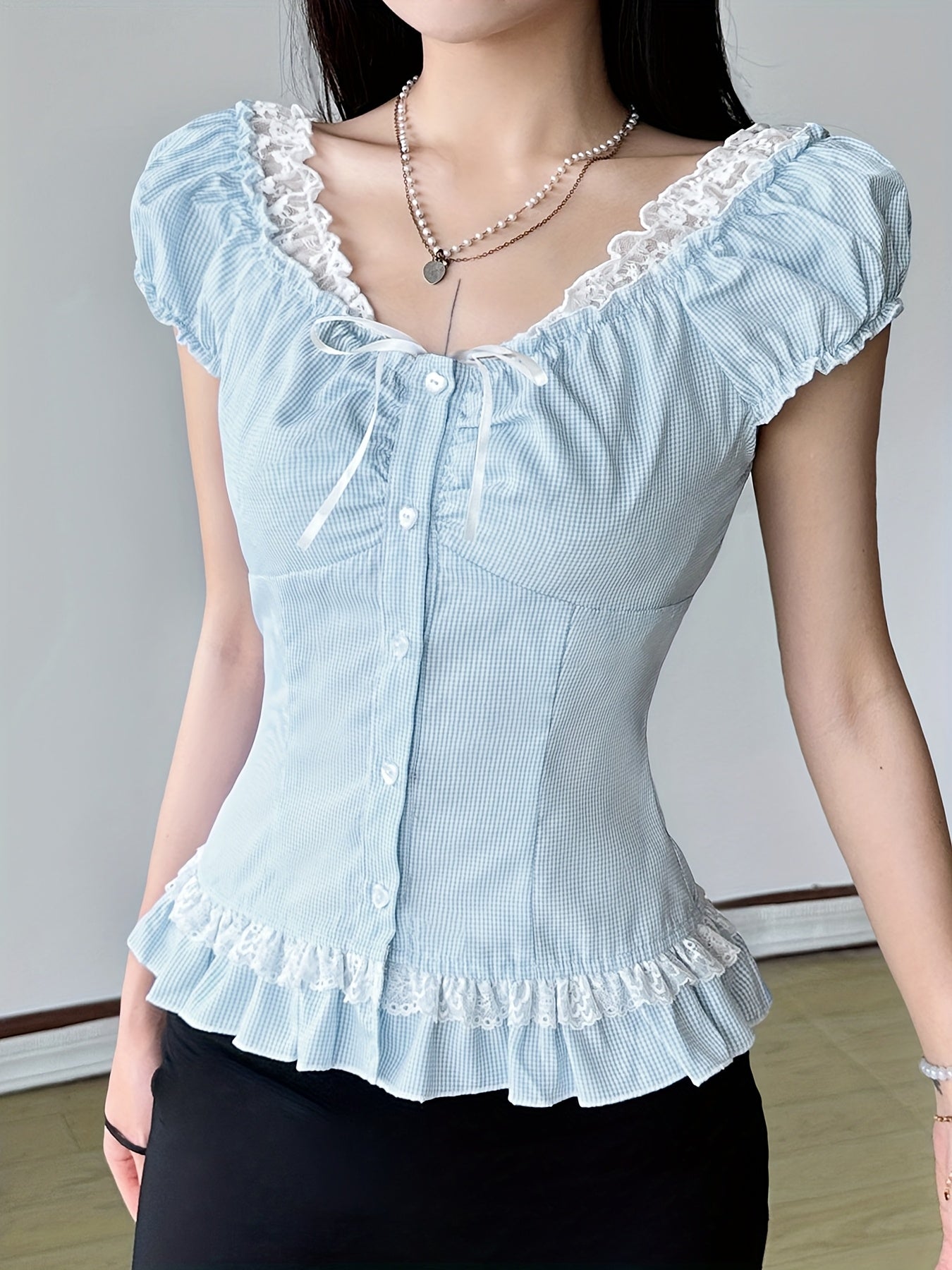 SassyGals Women's French-Inspired Elegant Ruffled Sleeve & Faux Peplum Hem T-Shirt - Light Blue Grid Pattern, Stretchy Polyester\u002FElastane Blend, Waist-Cinching Top for Summer Casual & Semi-Formal Outfits