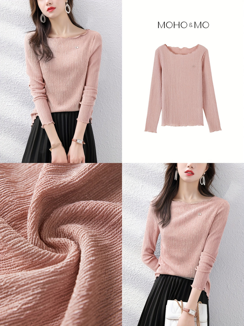 MOHOMO Women'S Long Sleeve T-Shirt - Pink Ribbed with Lace Trim & Bow Detail, Casual Round Neck Top for Spring\u002FSummer, Holiday, Daily Commute, Spring Summer Apparel | Lace Trim Detail | Glossy Texture, Ladies T Shirts