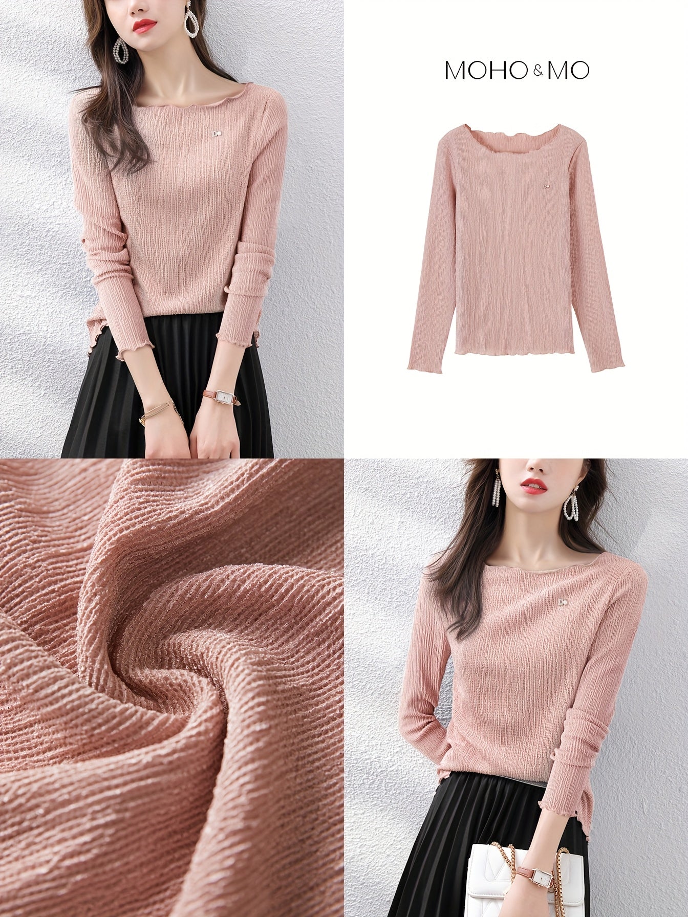 MOHOMO Women'S Long Sleeve T-Shirt - Pink Ribbed with Lace Trim & Bow Detail, Casual Round Neck Top for Spring\u002FSummer, Holiday, Daily Commute, Spring Summer Apparel | Lace Trim Detail | Glossy Texture, Ladies T Shirts