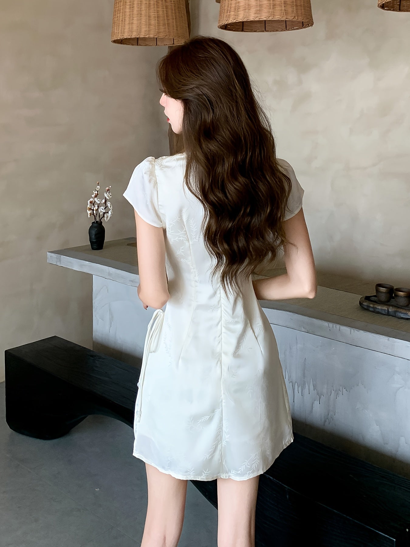 Jacquard Satin Lace-Up Drawstring Elegant Dress